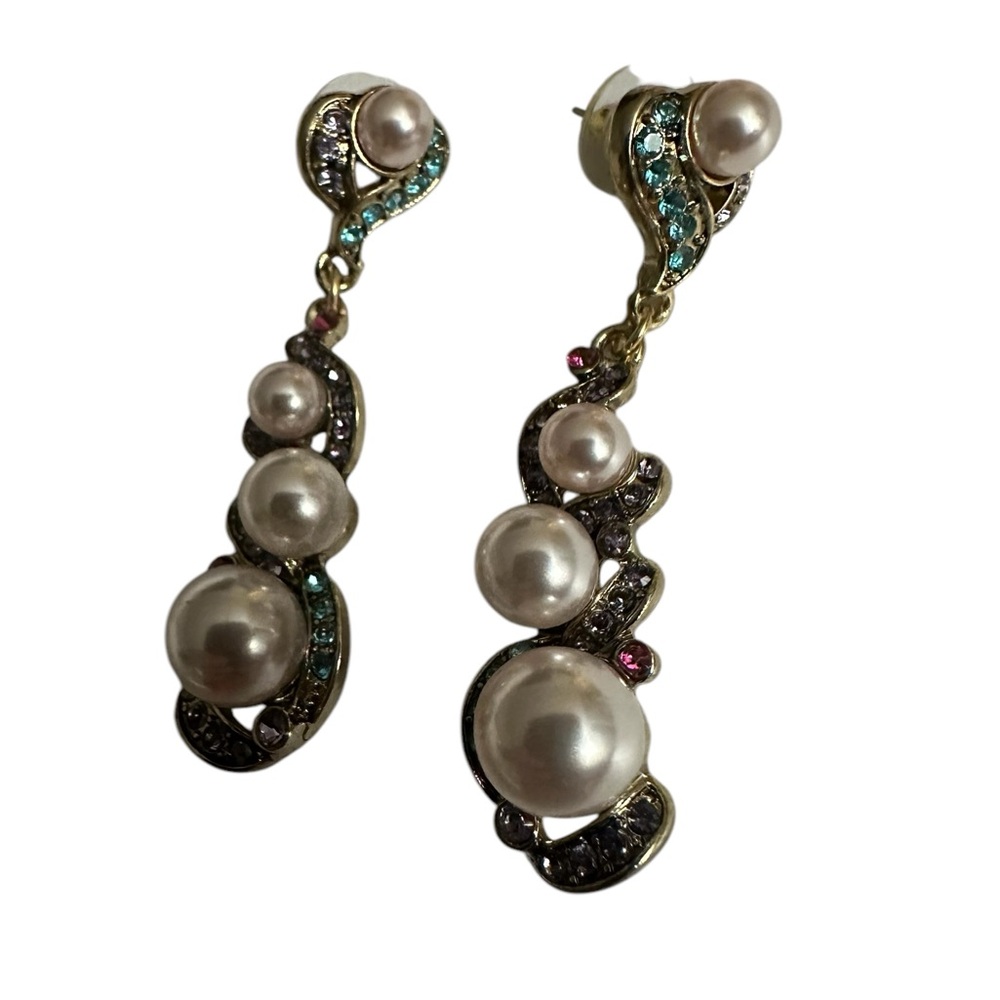 Fancy Gold tone Dangling Earrings with Faux Pearls and multi colored rhinestones